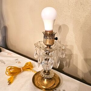 Vintage Table Lamp Clear Glass, copper, and crystal. 10" Tall
